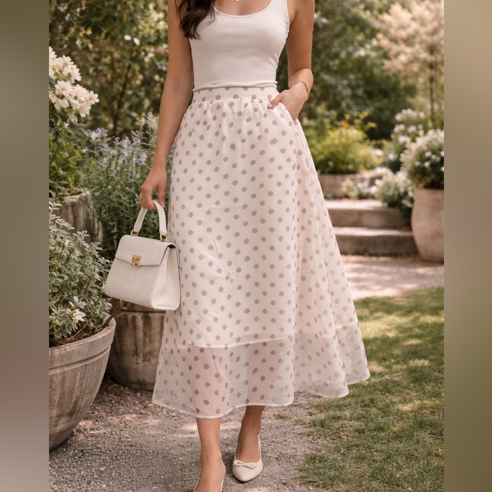 Melloday Polka Dot Sheer Midi Skirt – Brown Cream – NWT L summer outfit